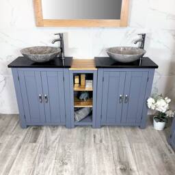 Grey Solid Wood Double Vanity Unit - Black Quartz, Stone Basins
