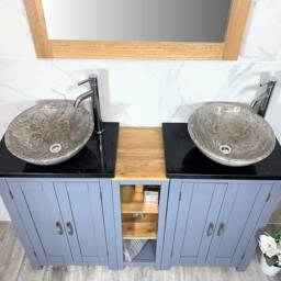 Grey Solid Wood Double Vanity Unit - Black Quartz, Stone Basins - thumbnail 2