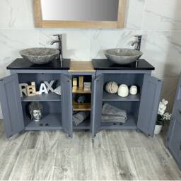 Grey Solid Wood Double Vanity Unit - Black Quartz, Stone Basins - thumbnail 3