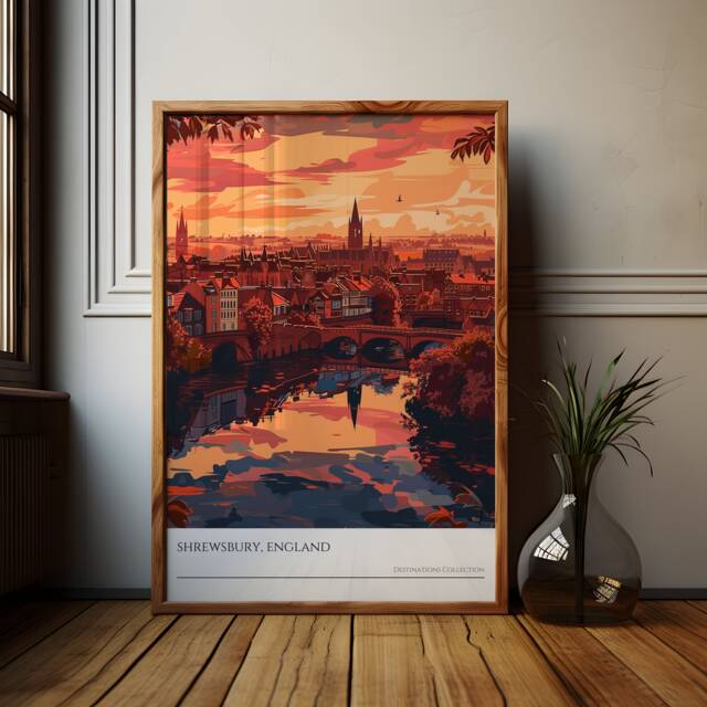 Shrewsbury Sunset Art Print England Travel Poster, British Architecture - image 1