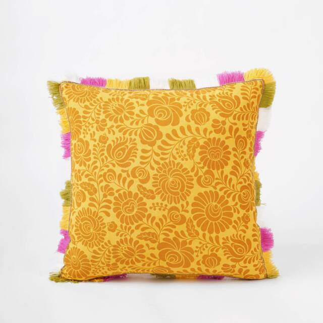 Matyo Yellow Printed Cotton Pillow Cover With Multicolour Acrylic Fringe, Sizes Available - image 1