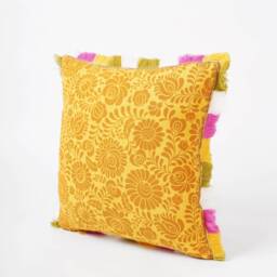 Matyo Yellow Printed Cotton Pillow Cover With Multicolour Acrylic Fringe, Sizes Available - thumbnail 2