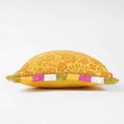 Matyo Yellow Printed Cotton Pillow Cover With Multicolour Acrylic Fringe, Sizes Available - thumbnail 3