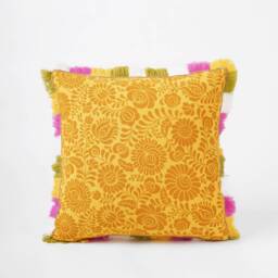 Matyo Yellow Printed Cotton Pillow Cover With Multicolour Acrylic Fringe, Sizes Available - thumbnail 1