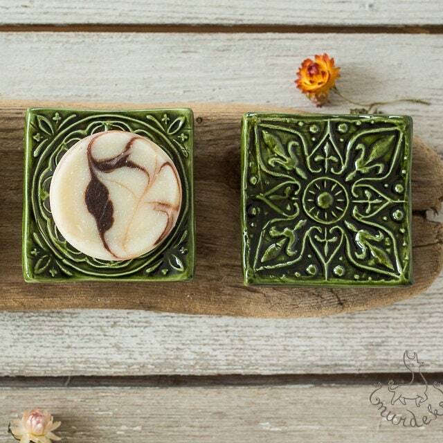 Green Ceramic Soap Dish With Drain - Square Handmade Pottery Tray - image 1