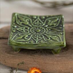 Green Ceramic Soap Dish With Drain - Square Handmade Pottery Tray - thumbnail 2