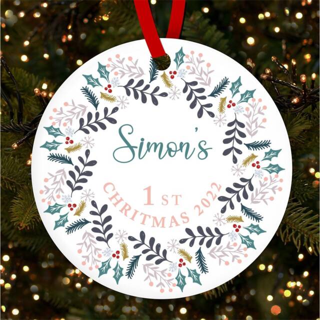 1st Floral Winter Wreath Round Personalised Christmas Tree Ornament Decoration