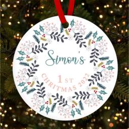 1st Floral Winter Wreath Round Personalised Christmas Tree Ornament Decoration