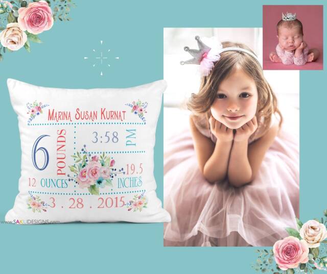 Flower Baby Girl Pillow-Birth Announcement-Nursery Decor-Baby Pillow-Keepsake Pillow-Personalized Baby Pillow-New Baby-Birth Stats-Floral - image 1