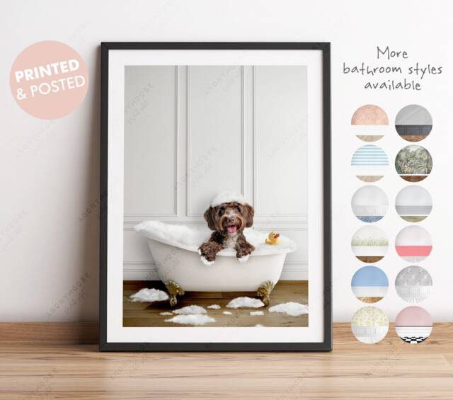 Chocolate Brown Cockapoo Dog in A Bath Print, Bathing, Funny Bathroom Animal Bathtub, Tub Whimsy - image 1