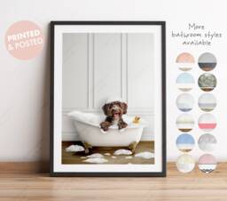 Chocolate Brown Cockapoo Dog in A Bath Print, Bathing, Funny Bathroom Animal Bathtub, Tub Whimsy - thumbnail 1