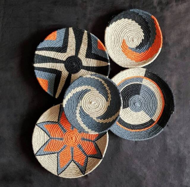 Woven Wall Basket Set Orange Boho Decor, African Plate Style - image 1