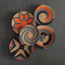 Woven Wall Basket Set Orange Boho Decor, African Plate Style - thumbnail 4