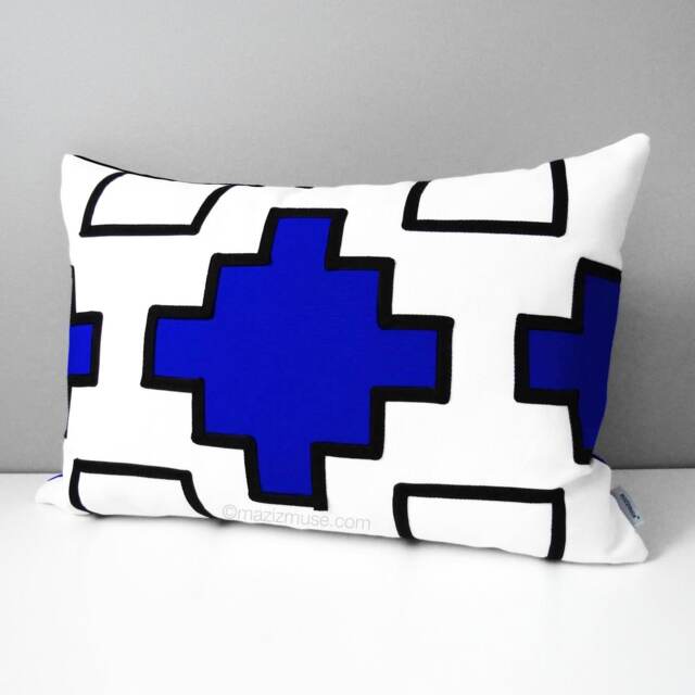 Royal Blue Sunbrella?? Outdoor Pillow Cover in Modern Geometric Design, Decorative Black & White Cushions For Patio Chairs & Pool Loungers - image 1