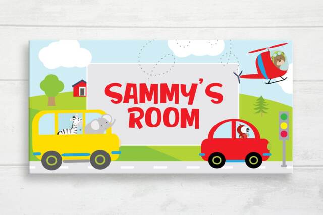 Transportation Door Sign - With Animals, Cars Nursery, Zoo Animals, Kids Plaque, Baby Name Sign, Gift, Jungle Nursery Art - image 1