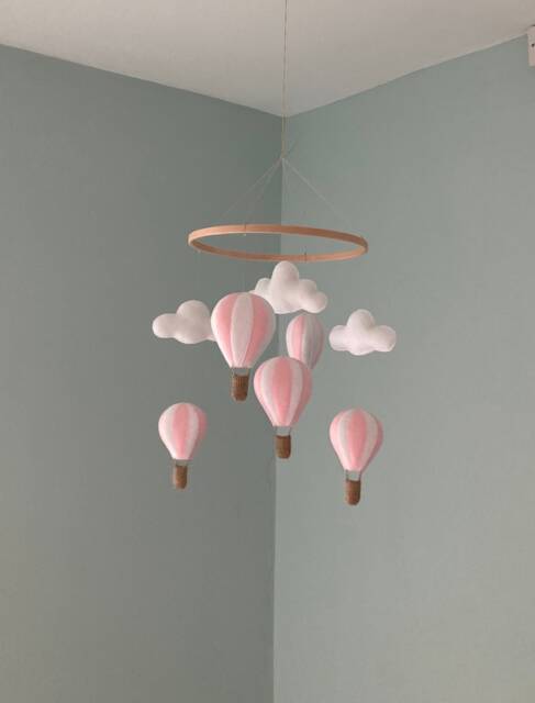 Hot Air Balloon Nursery Mobile Pastel Pink Felt Clouds Blue Pistachio Green - image 1