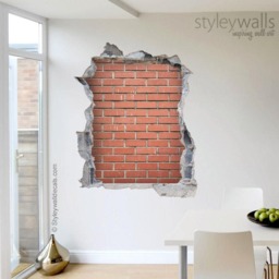 Red Bricks Wall Decal, Mural, Hole in The 3D Effect Sticker, Decal Stones Broken Mural Home Decor