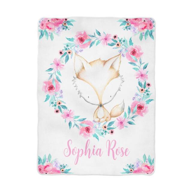 Personalized Baby Blanket With Fox & Aqua Pink Floral Wreath in Fleece, Minky, Or Sherpa. Perfect Gift - image 1