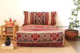 Moroccan Kilim Pouf With Backrest Vintage Floor Cushion [Unstuffed]