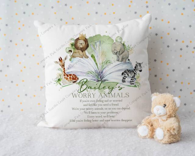 Personalised Safari Worry Cushion Anxiety & Sleep Aid Pillow, Child's Cushion, Decor - image 1
