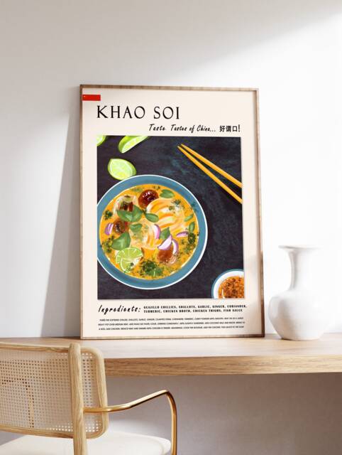 Khao Soi Food Poster, Chinese Art, Print, Asian Art. Kitchen Decor, Gift, Recipe Poster A1/A2/A3/A4 - image 1