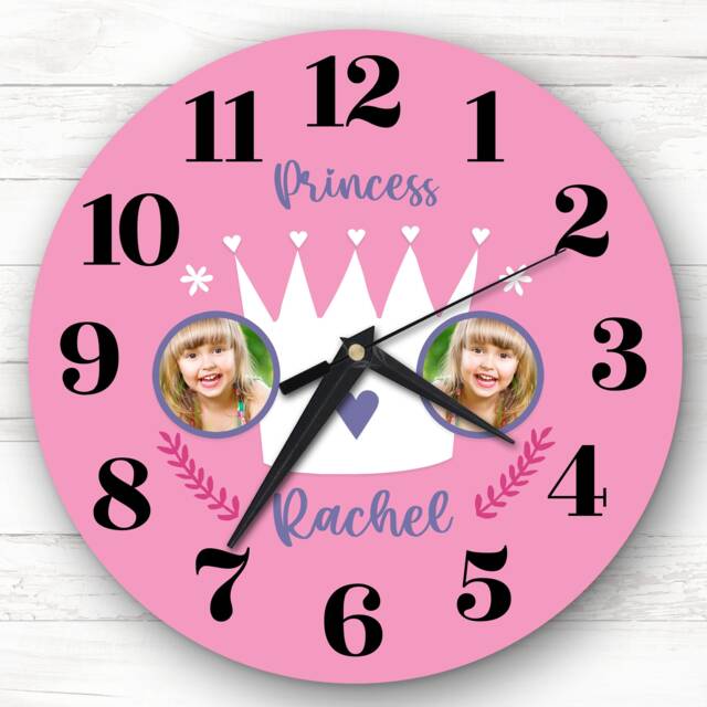 Girls Pink Princess Crown Photo Custom Gift Personalised Clock - image 1