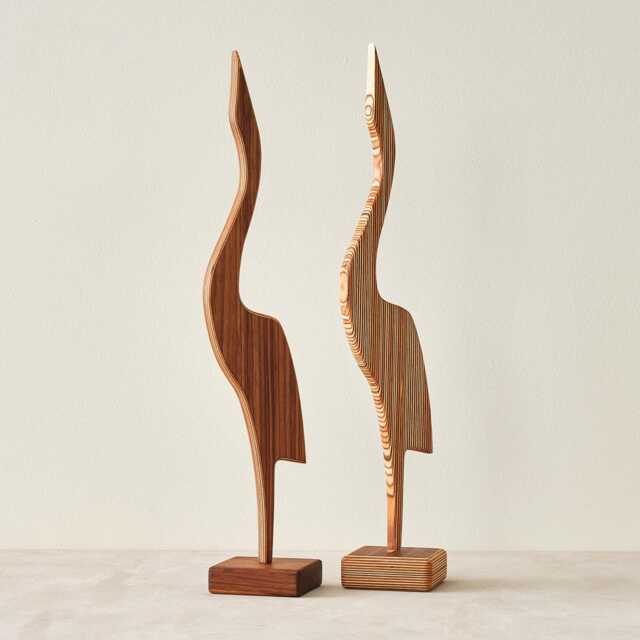 Handmade Mid Century Modern Wooden Heron Sculpture - Minimalist Bird Decor Walnut Or Striped Baltic Birch - image 1