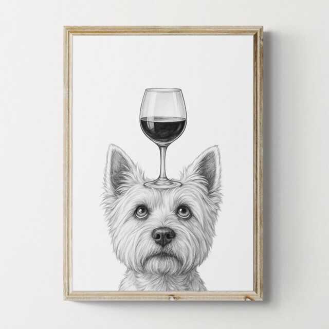 West Highland Terrier Dog Art Print, Funny & Wine Drawing, Lover Wall Decor, Lovers Gifts - image 1