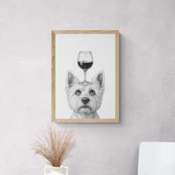 West Highland Terrier Dog Art Print, Funny & Wine Drawing, Lover Wall Decor, Lovers Gifts - thumbnail 2