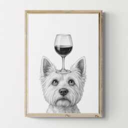 West Highland Terrier Dog Art Print, Funny & Wine Drawing, Lover Wall Decor, Lovers Gifts - thumbnail 1