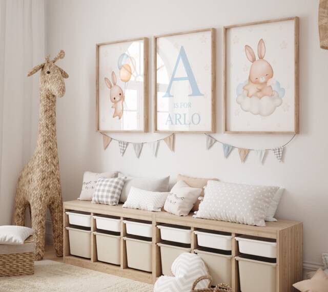 Personalised Baby Bunny Prints, Boys Blue Nursery Decor, Blue, Cloud Wall Art, Neutral Boy Balloon Prints Set Of 3 - image 1