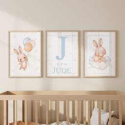 Personalised Baby Bunny Prints, Boys Blue Nursery Decor, Blue, Cloud Wall Art, Neutral Boy Balloon Prints Set Of 3 - thumbnail 2