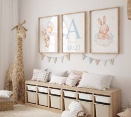 Personalised Baby Bunny Prints, Boys Blue Nursery Decor, Blue, Cloud Wall Art, Neutral Boy Balloon Prints Set Of 3 - thumbnail 1