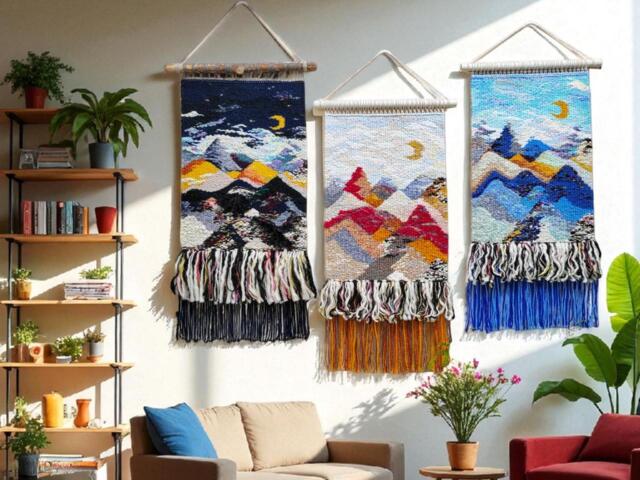 Handmade Woven Tapestry Wall Hanging Mountain Landscape Textile Art - image 1