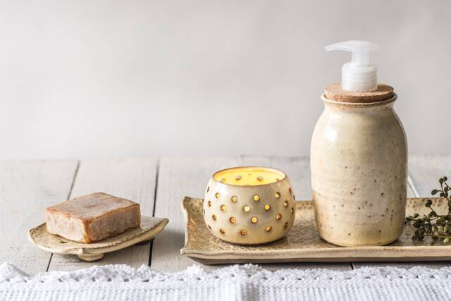 Handmade White Ceramic Bathroom Set Of Four, Soap Dispenser, Tray, Stand, Tea Light, Us Ddp - image 1