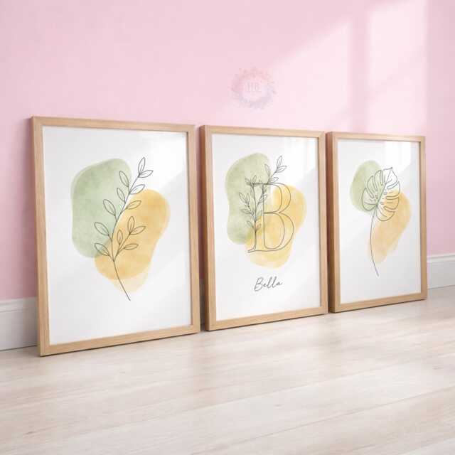 Personalised Girls Botanical Prints - Minimal Sage Nursery Flower Set, Floral Girl Bedroom Wall Art - image 1