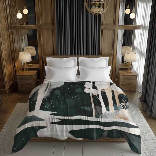 Enchanted Forest Comforter, Starry Night Sky Landscape Bedding, Winter Woodland Dark Green & Beige Bedroom D??cor #230 - image 1