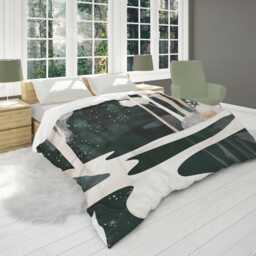 Enchanted Forest Comforter, Starry Night Sky Landscape Bedding, Winter Woodland Dark Green & Beige Bedroom D??cor #230 - thumbnail 2