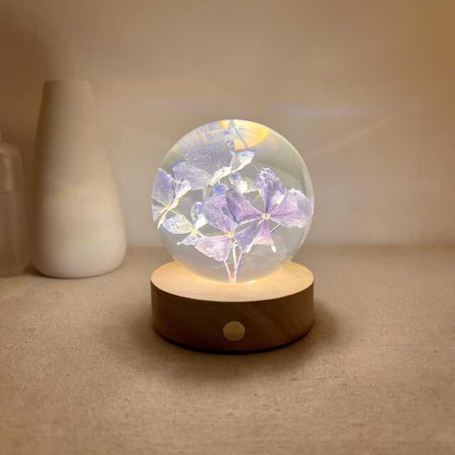 Custom Purple Hydrangea Resin Ball, Real Flower Night Light, Dried Floral Lamp, Preserved Art, Eternal Lamp Gift - image 1