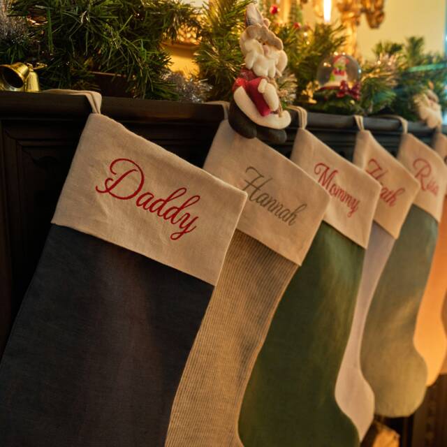 Embroidered Linen Christmas Stocking - Personalized Family Decoration - Gift For Her - image 1
