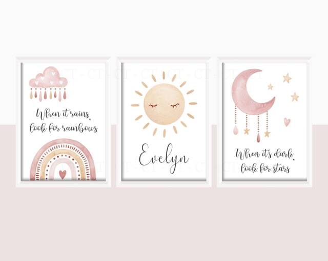 Girls Personalised Boho Prints A4 Or A3 Nursery Set Of Unframed Pink Grey Rainbow Moon Stars Sun Scandi - image 1
