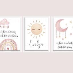 Girls Personalised Boho Prints A4 Or A3 Nursery Set Of Unframed Pink Grey Rainbow Moon Stars Sun Scandi - thumbnail 3