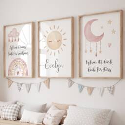 Girls Personalised Boho Prints A4 Or A3 Nursery Set Of Unframed Pink Grey Rainbow Moon Stars Sun Scandi - thumbnail 2
