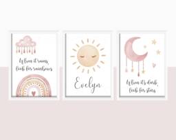 Girls Personalised Boho Prints A4 Or A3 Nursery Set Of Unframed Pink Grey Rainbow Moon Stars Sun Scandi - thumbnail 1