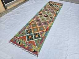 Turquoise Afghan Kilim Runner Rug 3??10 Ft, Tribal Hallway - thumbnail 1