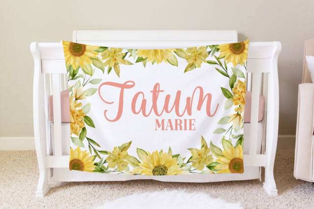 Sunflower Personalized Baby Blanket, Custom Shower Gift, Nursery Crib Hospital - image 1