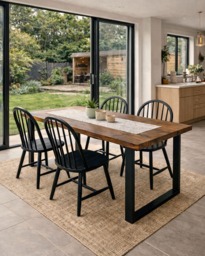 Dining Table With Live Or Square Edge. Rustic Solid Wood Industrial Steel A-Frame, X-Frame, Trapezium Legs. Matching Benches & Custom Sizes - thumbnail 1