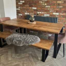 Dining Table With Live Or Square Edge. Rustic Solid Wood Industrial Steel A-Frame, X-Frame, Trapezium Legs. Matching Benches & Custom Sizes - thumbnail 3