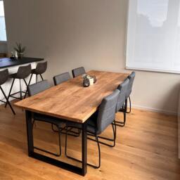 Dining Table With Live Or Square Edge. Rustic Solid Wood Industrial Steel A-Frame, X-Frame, Trapezium Legs. Matching Benches & Custom Sizes - thumbnail 4