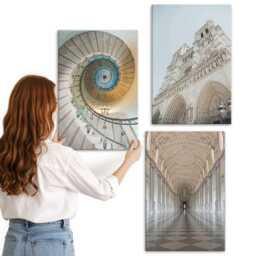 3 Piece Canvas Set - The Cathedral's Spiral Staircase & A Tiled Corridor, Beige Wall Art, Travels Decor - thumbnail 3